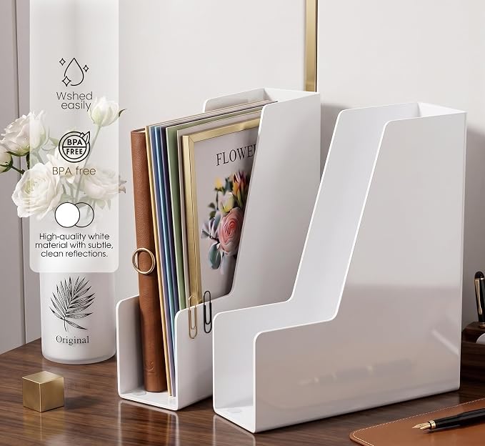 LALOBLUE Vertical Magazine File Holder, White, 4 Pack Folder Organizer | Plastic, Holds Magazines, Folders, Notebooks, Documents, 4 Section Vertical File Folder Holder, magazine file holder