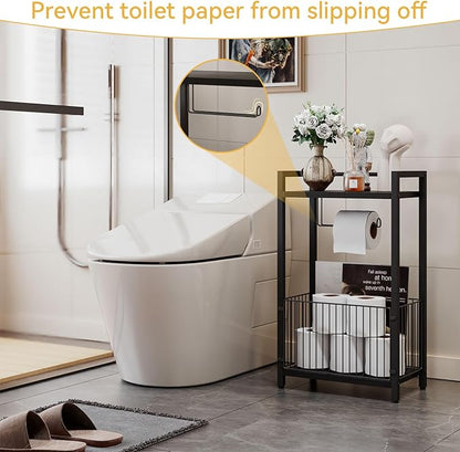 IBUYKE Freestanding Toilet Paper Holder Stand with Storage Shelf,Bathroom Toilet Tissue Roll Dispenser with Extra Space for Rolls, Magazines, Wet Wipes Black TLJ020B