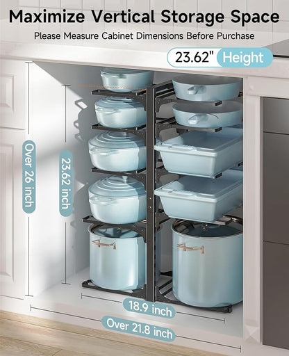MUDEELA Pots and Pans Organizer Rack under Cabinet 23.62" Height, 10-Tier Adjustable Heavy Duty Pot and Pan Organizer Rack inside Cabinet for Kitchen Organizer Cast-iron Pans, Heavy Cookware