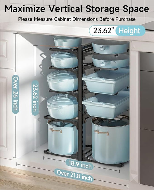MUDEELA Pots and Pans Organizer Rack under Cabinet 23.62" Height, 10-Tier Adjustable Heavy Duty Pot and Pan Organizer Rack inside Cabinet for Kitchen Organizer Cast-iron Pans, Heavy Cookware