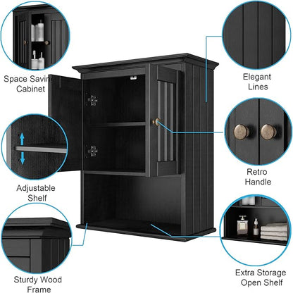 Treocho Wood Wall Cabinet Bathroom Medicine Cabinet Storage with Doors and Adjustable Shelf Wall Mount for Bathroom, Livingroom, Kitchen, Cupboard, Black