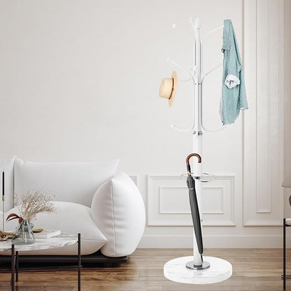 ZOZOE Metal Coat Rack Stand, Modern Coat Rack Freestanding with Natural Marble Base, Sturdy Coat Racks with 12 Hooks & Umbrella Holder,White Coat Tree Hanger Stand for Bags,Hats,Entryway,Office