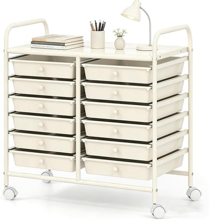 COSTWAY 12-Drawer Rolling Storage Cart, Utility Storage Organizer Cart for Tools, Scrapbook, Paper, Craft, Multipurpose Art Supply Organizer on Wheels for Home Office School, Teacher, Ivory White