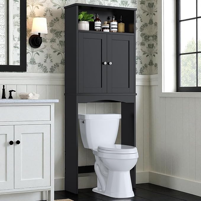 Over The Toilet Storage Cabinet, Over Toilet Bathroom Organizer with Adjustable Shelf and Double Door, Over The Toilet Cabinet for Bathroom Storage Over The Toilet Bathroom Organizer, Black