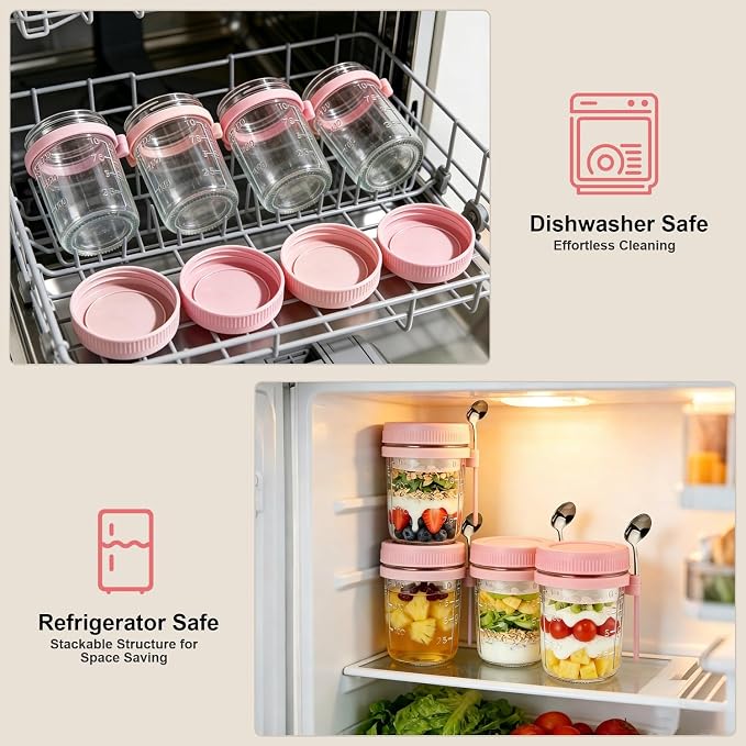6 Pack Overnight Oats Containers with Lids and Spoon - 16 oz Glass Mason Jars with Separate Compartments Leakproof Chia Pudding Salad Yogurt Parfait Cups for Oatmeal Cereal Meal Prep (Pink)