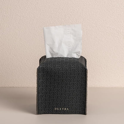 OLETHA Square Tissue Box Cover - Aesthetic Desk Decor for Room, Home & Office - Tissues Cube Boxes Holder - Lattice Patterns, Charcoal
