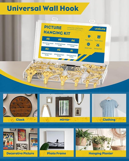 Uniclife 152 Pcs Picture Hanging Kit, 10 lb, 20 lb, 30 lb, 50 lb, 75 lb, 100 lb Heavy Duty Picture Hangers for Drywall & Wood, Picture Hanging Hooks, Frame Hooks for Hanging Photos Mirrors Paintings