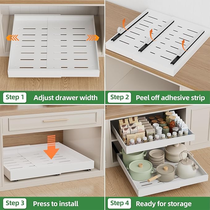 PAKETA 4 Pack Expandable Pull Out Cabinet Organizer, 21'' Deep Pull Out Drawers for Cabinets,Upgrade 3 Slide Rails Sliding Drawer for Kitchen Cabinet Organizer with Adhesive Nano Film (White)
