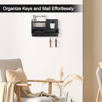 Key and Mail Holder Wall Mount, Key Hanger with Long Storage Box and 5 Hooks for Coat, Dog Leash, Home Decor Rack, House Accessories, Entry Way Organizer 11.8”W x 7.8”H x 3.2”D