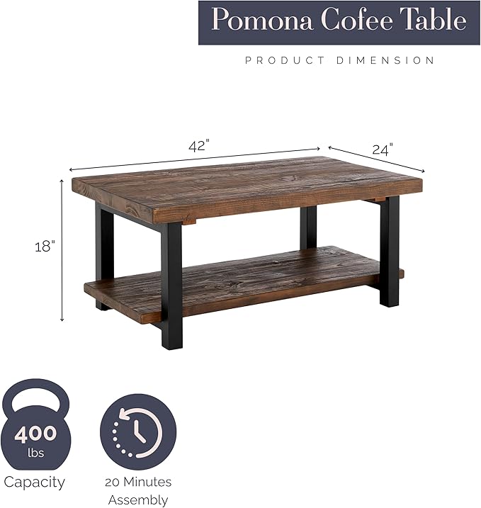 Pomona 42-Inch Rectangular Solid Wood Coffee Table with Storage Shelf & Metal Legs – Rustic Industrial Farmhouse Living Room Table by Alaterre Furniture (Rustic Natural)