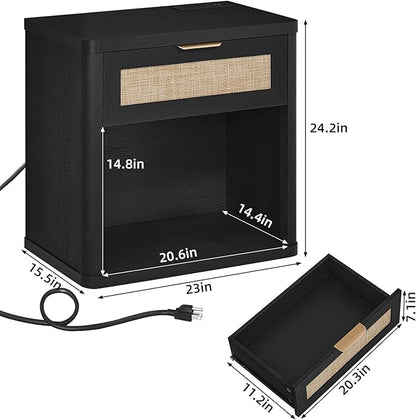 LEYAOYAO Rattan Nightstands Set of 2 with Charging Station, Black Night Stand with Drawer, 23" Wide Boho Bedside Table with Storage Shelf, Bed Side End Tables for Bedroom, Living Room, Hallway