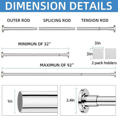 CorkLatta Chrome Shower Curtain Rod,1 Inch Diameter Stainless Steel Adjustable Spring Tension Rods 32 to 92",with Holders,Anti-Slip,Curtain Rods No Drilling(1 Pack)
