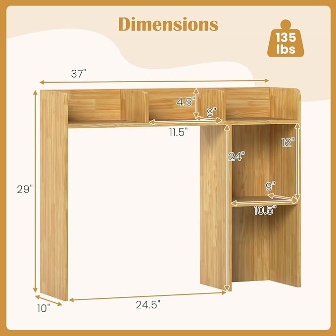 Desk Hutch, Desktop Shelf with 5 Shelves, Desk Bookshelf w/Anti-Toppling Devices, Wood Table Top Bookshelf Organizer, Small Desk Shelf for Study, Office, Dorm (Burlywood, 5 Shelves)