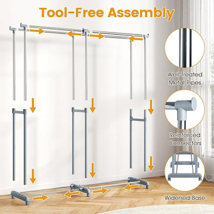 Giantex Extendable Double Rod Clothes Rack, Portable Garment Clothin Rack with Adjustable Height & Width, Heavy-Duty Metal Rolling Wardrobe Racks with Wheels for Bedroom, Laundry, Dressing Room