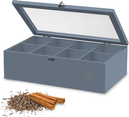 Tea Bag Organizer with Drawer - Gray Bamboo Tea Box Organizer, 8-Compartment Tea Storage Box with Acrylic Lid and Magnetic Closure, Tea Box for Kitchen Counter, Gifts for Mom, Wife, Tea Lovers (Grey)