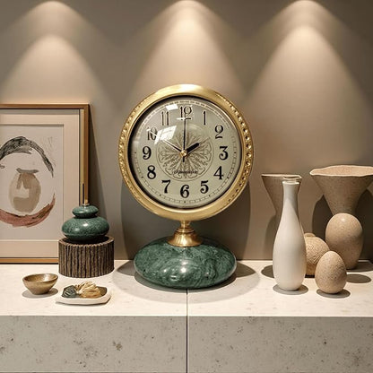 Vintage Mantel & Modern Brass Desk/Shelf Clock, Silent Non-Ticking Analog Roman Numerals, Marble Base, Home/Tabletop Decoration for Shelf, Table, Mantel, Bedside, Home Office, Living Room, Bedroom