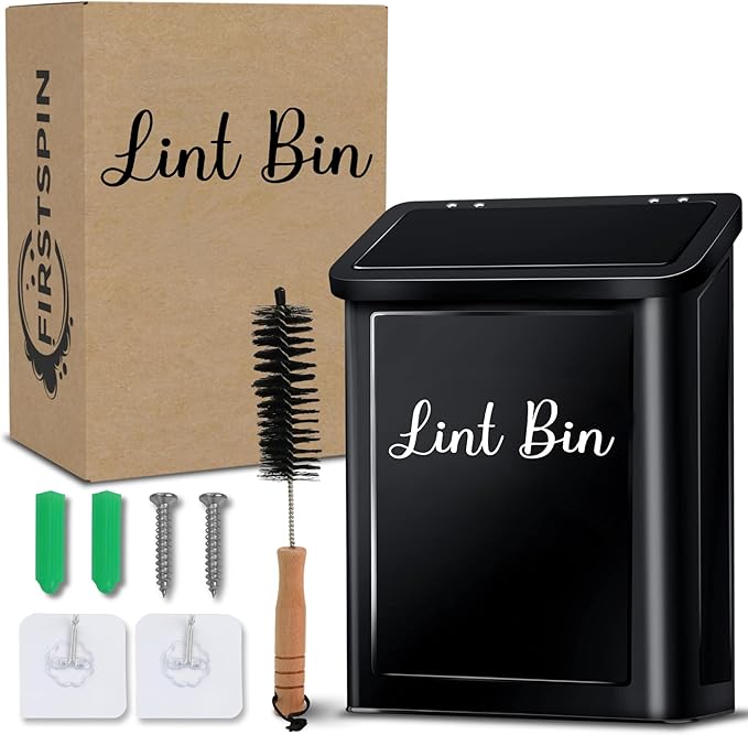 Magnetic Lint Bin for Laundry Room – Black Metal Lint Holder with Lid – Wall Mount & Magnetic Trash Can – Modern Farmhouse Style for Laundry Room Organization and Storage
