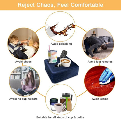 Couch Cup Holder Pillow Tray & Caddy - for Sofa, Bed, Car, Man Cave | Keep Drinks at Hand & Spill-Proof Accessories for New Parents, Camping, Park, Boat, Beach - Navy Blue