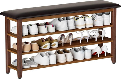 Shoe Bench with Leather Cushion,Wood Bench with Shoe Rack,3-Tier Shoe Storage Organizer for Entryway,Hallway,Living Room (Brown, 3-Tier-47.3")