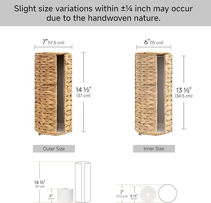 StorageWorks Water Hyacinth Free Standing Toilet Paper Holder Stand for Bathroom, 3 Rolls of Toilet Tissue Storage with a Built-in Cloth Lining, Toilet Roll Holder Stand with Lid (Pack of 2)