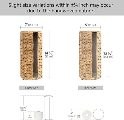 StorageWorks Water Hyacinth Free Standing Toilet Paper Holder Stand for Bathroom, 3 Rolls of Toilet Tissue Storage with a Built-in Cloth Lining, Toilet Roll Holder Stand with Lid (Pack of 2)