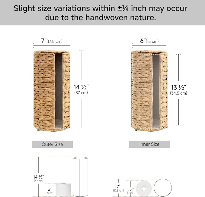 StorageWorks Water Hyacinth Free Standing Toilet Paper Holder Stand for Bathroom, 3 Rolls of Toilet Tissue Storage with a Built-in Cloth Lining, Toilet Roll Holder Stand with Lid