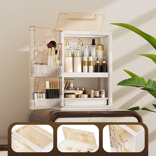Makeup Organizer with Drawers and Lid, Large Skincare Organizer for Vanity, Dustproof Cosmetic Organizer and Makeup Storage Box with Brush Holder for Dresser, Bathroom Countertop