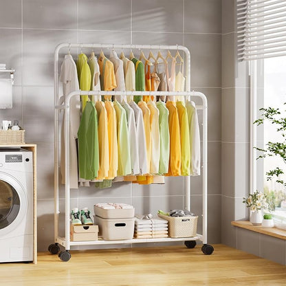 Simple Trending Clothing Clothes Rack Double Rods with Wheels, Rolling Metal Garment Rack for Hanging, White