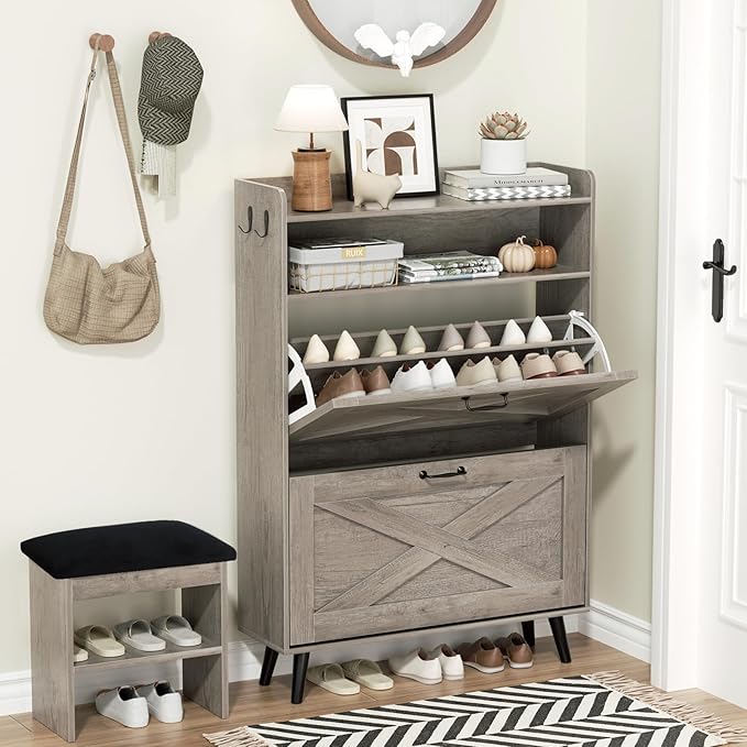 EOYUTLLY Shoe Cabinet with Bench, Shoe Organizer Cabinet with 2 Flip Drawers & Open Shelf, Narrow Shoe Storage Cabinet for Entryway, Freestanding Shoe Rack with Legs, Grey
