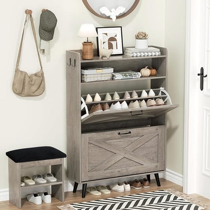 EOYUTLLY Shoe Cabinet with Bench, Shoe Organizer Cabinet with 2 Flip Drawers & Open Shelf, Narrow Shoe Storage Cabinet for Entryway, Freestanding Shoe Rack with Legs, Grey