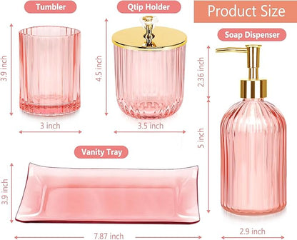 Haturi Bathroom Accessories Set, 4 Pcs Pink Glass Bathroom Accessories Sets Complete w/Lotion Soap Dispenser, Toothbrush Holder, Apothecary Jar, Vanity Tray, Bathroom Decor, Gift for Home Apartment