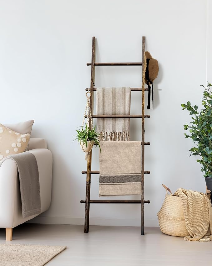 TEAKMAMA 6-Tier Blanket Ladder with Hanging Knobs,5.5 Ft Wall Leaning Blanket Ladders for Living Room Bedroom,Rustic Decorative Storage for Quilts,Throws,Easy to Assemble,Rustic Brown