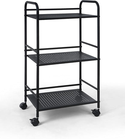 SunnyPoint 3-Tier Rolling Utility Cart – Metal Storage Organizer with Wheels, Mobile Kitchen Cart, Office & Home Organizer, Black, 12" D x 16.92" W x 31.1" H