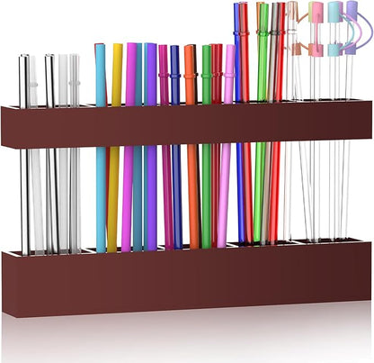 9.5” Large Acrylic Straw Holder for Cabinet Door, Reusable Adjustable Two-Part Straws Organizer with Ultra Sticky Adhesive Strips, 2026 Straw Storage for Kitchen Cupboard (Brown)