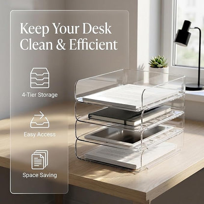 DCA 4 Tier Clear Desk Organizer, Stackable Paper Tray, Acrylic File Holder Paper Organizer for Office, Home, School, Letter & A4 Size