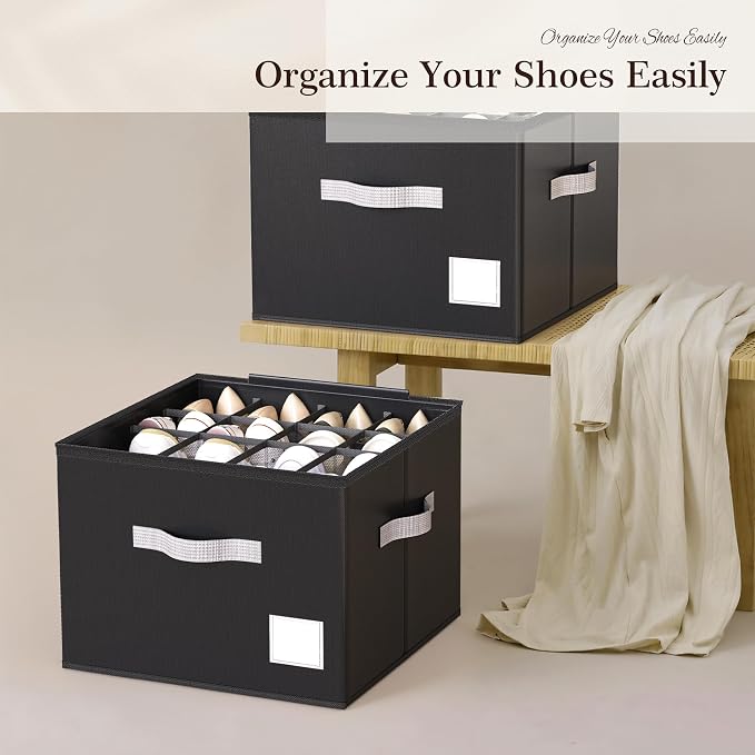 Criusia Shoe Organizer for Closet, Foldable Shoe Storage Organizer with Clear Cover and Sturdy Handles, Fit 12-16 Pairs, Closet Organizer for Shoes Sneakers Sandals Heels, 2 Pack, Black