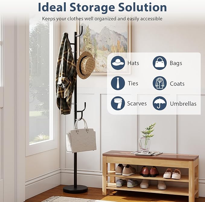 Tangkula Coat Rack Freestanding, Heavy Duty Metal Coat Tree with 8 L-Shaped Hooks & Adjustable Heights, Cactus Coat Hanger Stand for Clothes, Hats, Purse & Bag, for Entryway, Bedroom & Office