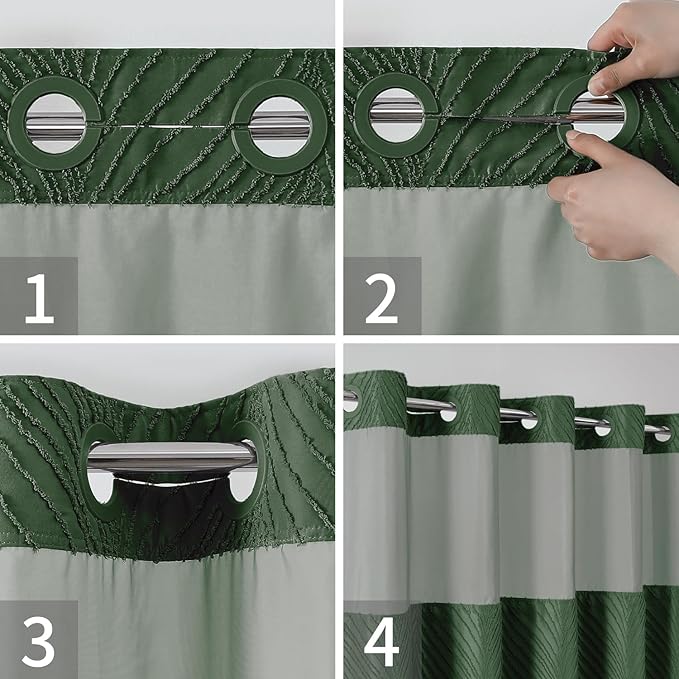 No Hook Shower Curtain and Liner Set,No Hook Tufted Striped Textured Shower Curtain with Snap in Liner Replacement and Waterproof Fabric,Boho Style with See Through Top Window,DarkGreen,71Wx80H