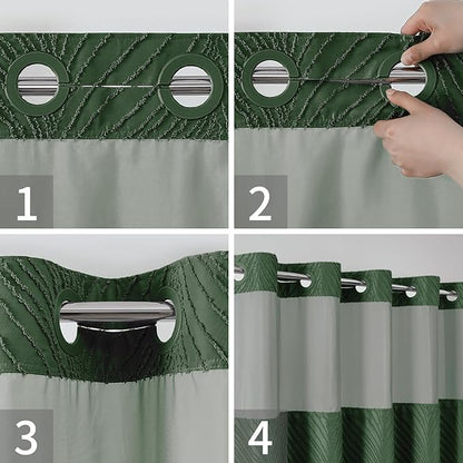 No Hook Shower Curtain and Liner Set,No Hook Tufted Striped Textured Shower Curtain with Snap in Liner Replacement and Waterproof Fabric,Boho Style with See Through Top Window,DarkGreen,71Wx80H