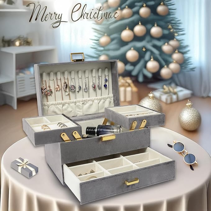 Dajasan Velvet Jewelry Boxes, Women Jewelry Organizer Box, 3- Layer Large Jewelry Storage Case for Birthday Mother's Day Valentine's Day (Grey)