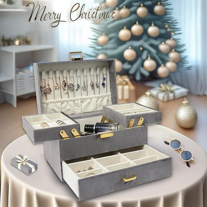 Dajasan Velvet Jewelry Boxes, Women Jewelry Organizer Box, 3- Layer Large Jewelry Storage Case for Birthday Mother's Day Valentine's Day (Grey)