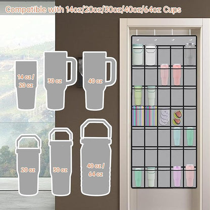 NiHome Multi-Functional 35 Pockets Door Hanging Organizer Fit for Stanley Tumbler in Kitchen, Pantry, Bathroom, Large Capacity Elastic Mesh Secure Storage Water Bottle Cup Holder, Foldable (Gray)