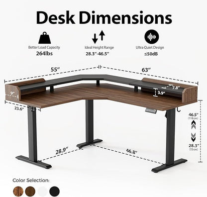 Agilestic L Shaped Standing Desk, Adjustable Height Corner Gaming Desk with Shelf, Sit Stand Up Desk, 63 x 55 Inch Home Office Computer Table, Dark Walnut