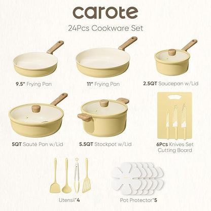 CAROTE 24pcs Ceramic Cookware Set, Pots and Pans Non Stick Kitchen Cookware Sets, Pots and Pans Set Cooking Set with Knife Set