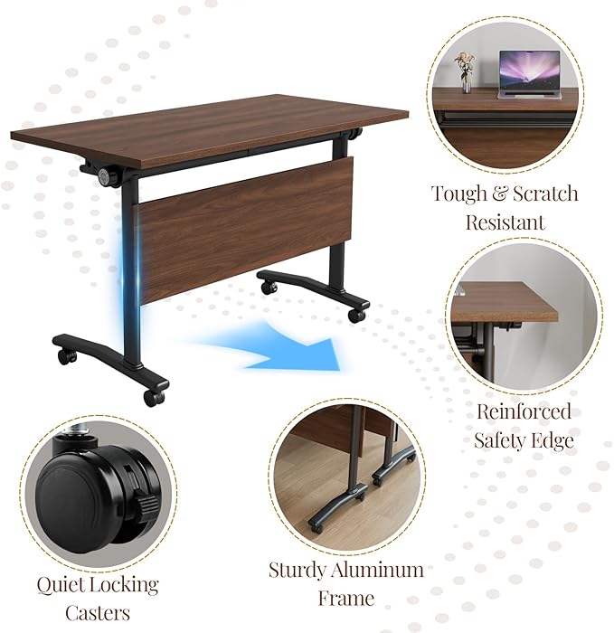 2Packs Folding Conference Table with Silent Wheels,Mobile Flip Top Meeting Room Table for Office Training and Classroom,Foldable Modular Rolling Desk for Home Office,Walnut Space-Saving Rectangular
