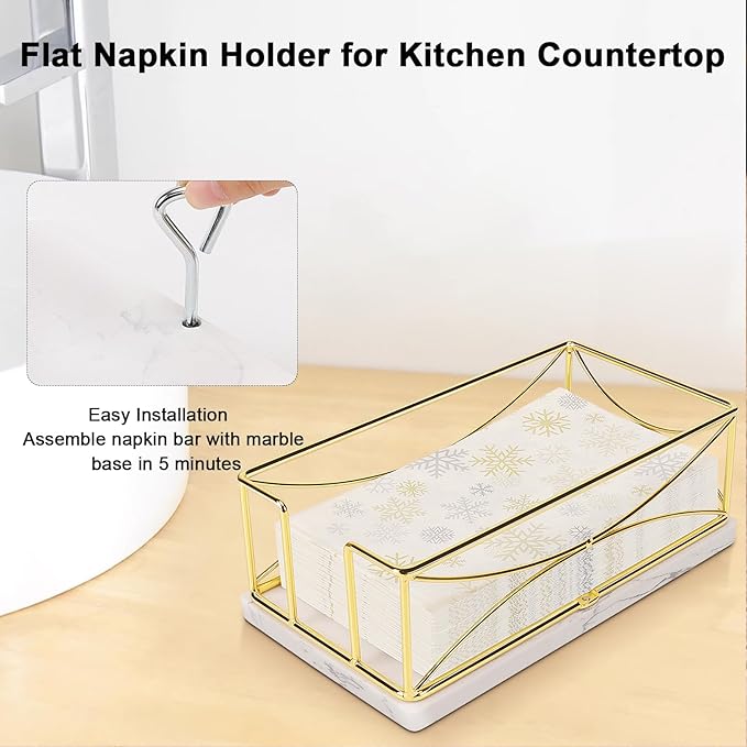 Livabber Guest Napkin Holder, Metal Bathroom Paper Hand Towel Storage Modern Napkin Tray Caddy for Countertop, Table Kitchen, Dinning Room (Gold, Marble Base)