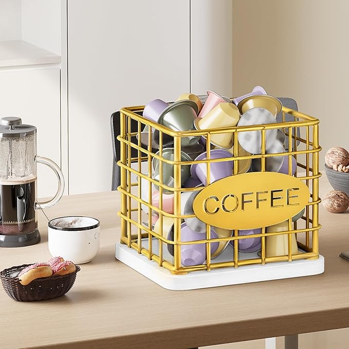 YATINEY Coffee Pod Holder for K Cup, Large Capacity Coffee Pod Organizer, Versatile Coffee Capsule Storage Basket with Wooden Base, Gold and White KH10DW