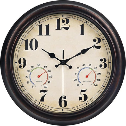 45MinST 13 Inch Red-Brown Vintage Waterproof Wall Clock with Thermometer & Hygrometer, Large Silent Numerals & Accurate Timekeeping for Indoor & Outdoor(Garden,Porch,Pool)