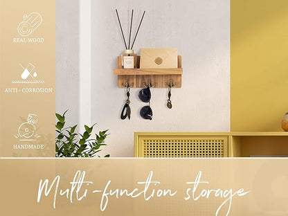 Rebee Vision Farmhouse Key Holder for Wall: Decorative Small Mail Organizer with Shelf and Rustic Mail Holder with 3 Anchor Key Hooks - Retro Home Decor Wall Mount for Entryway, Hallway (Light Brown)