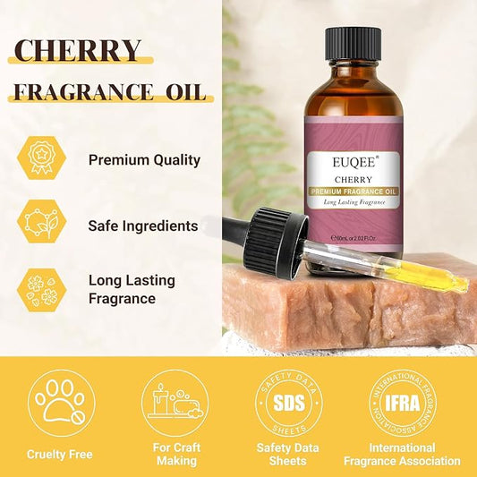 EUQEE 2.02 Fl oz Cherry Fragrance Oil, 60ml Premium Essential Oil with Glass Dropper for Diffusers, Candle & Soap Making